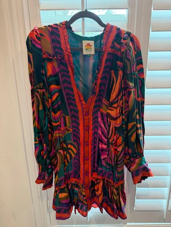 FARM Rio Multicolor V-Neck Mini Dress with Pink, Orange, Green and Purple Print - Picture 3 of 3